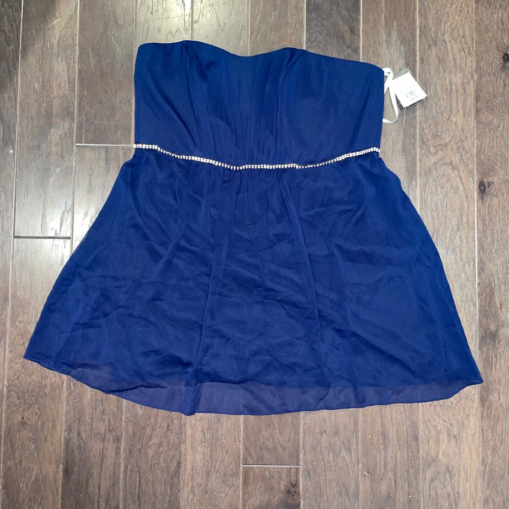 Davids Bridal short bridesmaid dress with beaded belt- dark blue